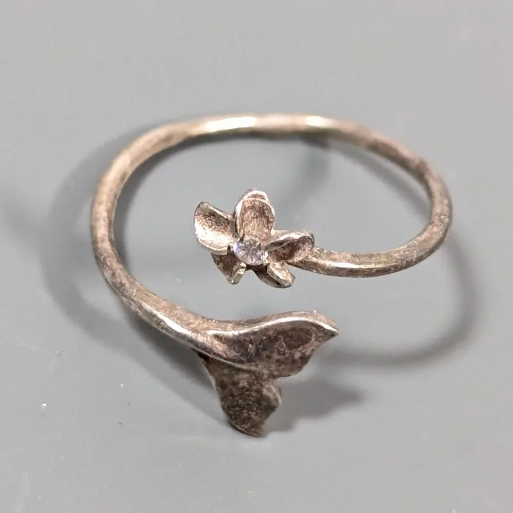 Sterling Silver 925 Flower Dolphin Tale Bypass Wrap Ring‎ Size 5  Boho Surfer